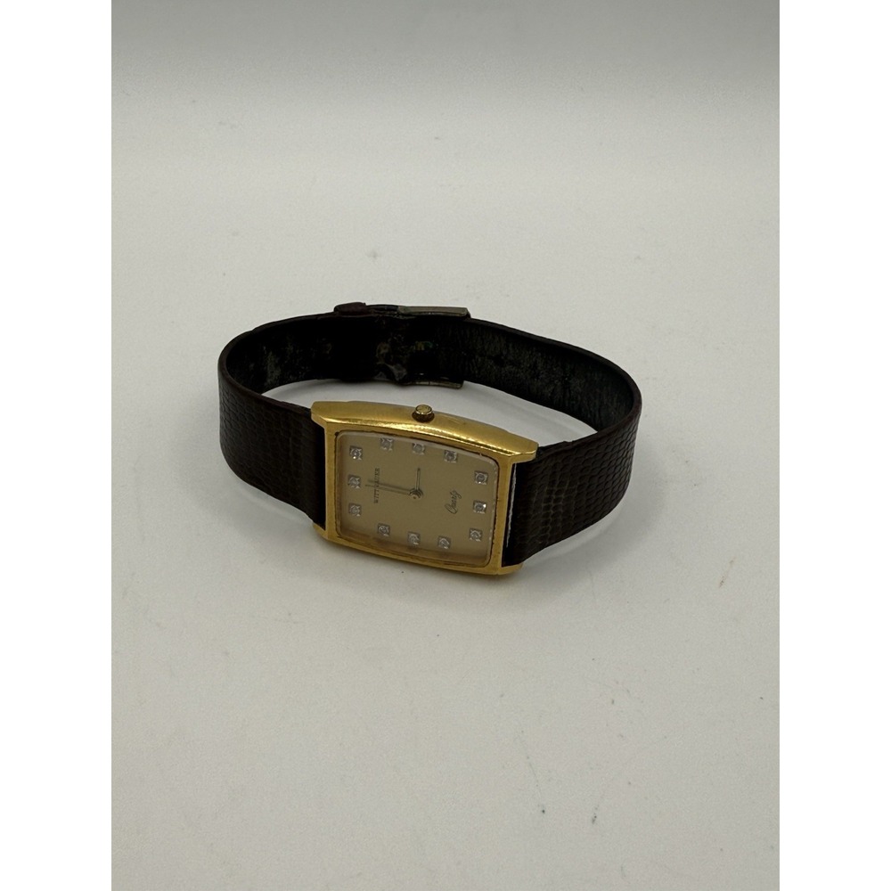 Vintage Wittnauer Quartz Gold Tone Rectangle Watch Crystal Dial Leather Band